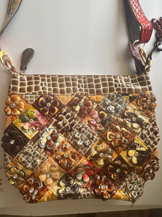 Unknown Handbags - Boho Patchwork Floral Embossed Crossbody Bag | 3D Appliqué Flowers w/Rhinestone